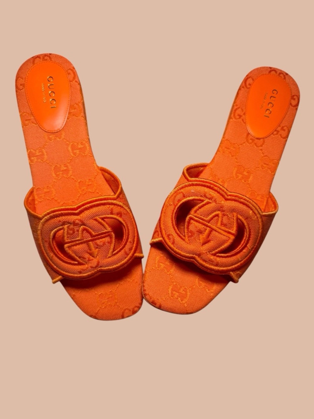 Gucci Brill Orange Canvas Interlocking Embossed GG Slide Sandals